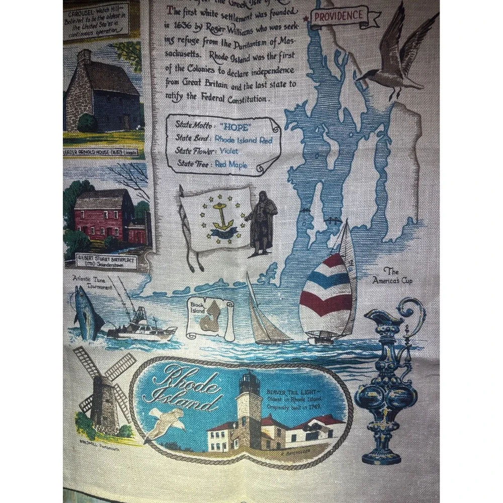 Vintage Rhode Island Souvenir Tea Towel Linen Map Historic Landmarks Nautical